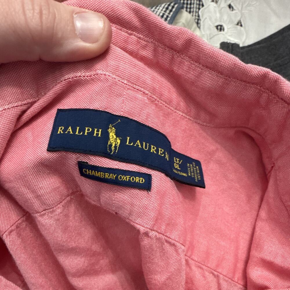 Ralph Lauren Men's Large Tall Long Chambray Oxford Short Sleeve Button-DownShirt - Picture 3 of 3
